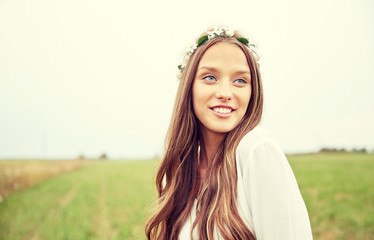 Sticker - smiling young hippie woman on cereal field