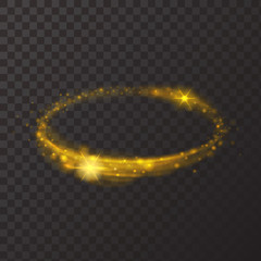 Round shiny frame background. Gold circle light effect with bursts on transparent background. Vector illustration