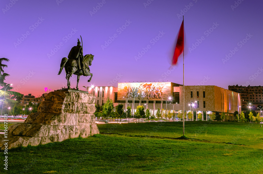 Obraz na płótnie Skanderbeg Square with his statue in Tirana - Albania
 w salonie