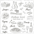 Vector hand drawn set with italian food. Vintage illustratio