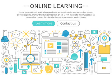 Poster - Vector elegant thin line flat modern Art design E-learning online education concept. Website header banner elements layout. Presentation, flyer and poster.