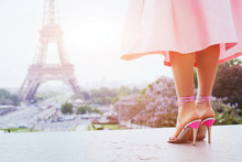 Beautiful Fashion Woman On High Heels Near Eiffel Tower In Paris, France