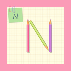 The letter N consisting of colored pencils.Vector illustration