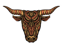 Bull, Ox Or Taurus Painted Tribal Ethnic Ornament. Vector Illustration