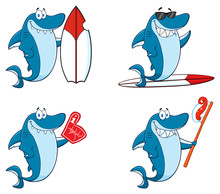 Blue Shark Cartoon Mascot Character 8. Collection Set Isolated On White Background