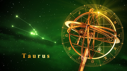 Wall Mural - armillary sphere and constellation taurus over green background