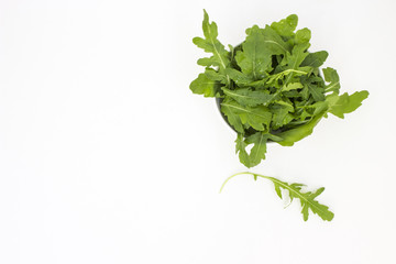 Raw lettuce arugula on a white table