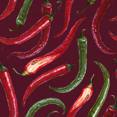 Wall Mural - Seamless pattern with watercolor illustrations of chili peppers