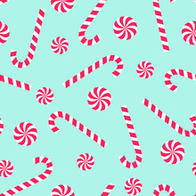 Candy Cane And Lollipop Seamless Christmas Pattern On Mint Green Background. Happy New Year And Merry Xmas Background. Vector Winter Holidays Print For Textile, Wallpaper, Fabric, Wallpaper.