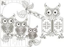 Stylized Black And White Reads Owl And Owlets On Tree, Hand Drawn, Vector Illustration