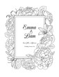 Wedding invitation card template with text. Spring summer floral frame design element. Rose, peony and lily flowers. Black and white vector illustration.
