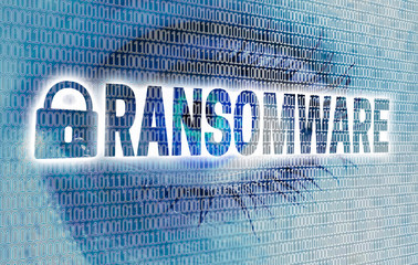 Wall Mural - Ransomware eye with matrix looks at viewer concept