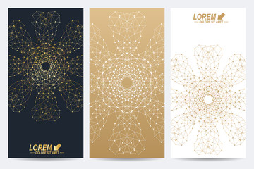 Poster - Modern set of vector flyers. Geometric abstract presentation with golden mandala. Molecule and communication background for medicine, science, technology, chemistry.