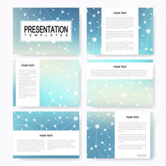 Poster - Set of vector templates for multipurpose presentation slides. Brochure, Leaflet, flyer, cover, magazine or annual report. Modern business, science, medicine design. Abstract background with molecule.