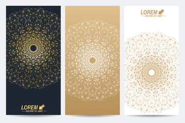 Poster - Modern set of vector flyers. Geometric abstract presentation with golden mandala. Molecule and communication background for medicine, science, technology, chemistry.