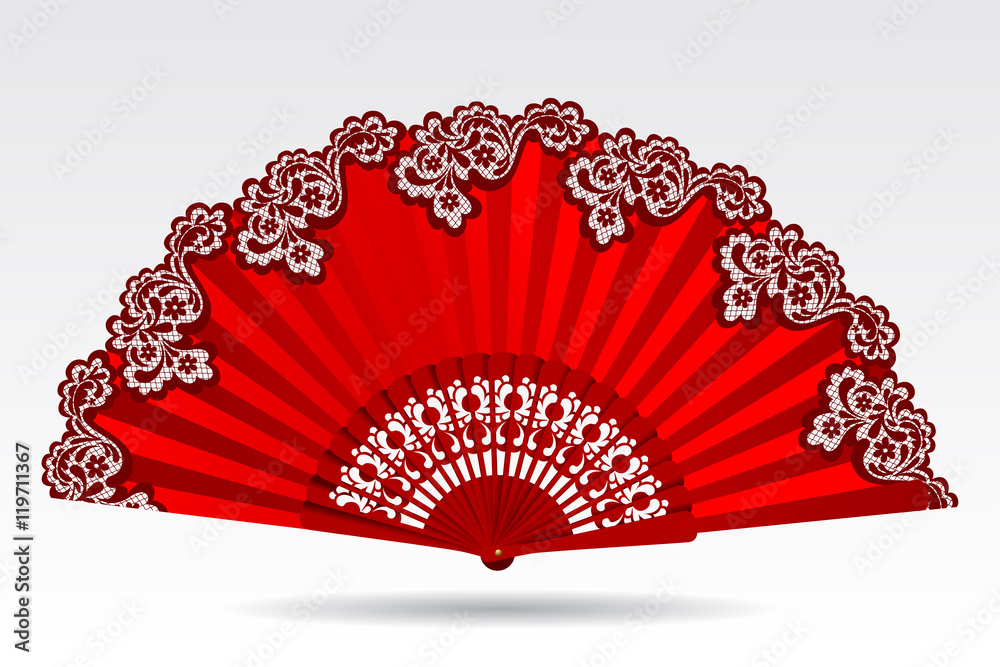 Open vintage folding red fan with a lace ornament - obrazy, fototapety, plakaty 
