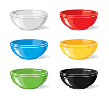 Red, Blue, Green, Yellow, White And Black Empty Bowls Isolated On A White Background