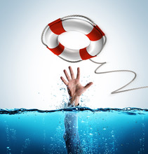 Rescue Concept - Lifebelt To Help Businessman In Drowning