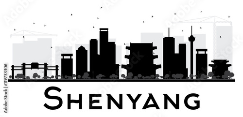 Fotografie, Obraz Shenyang City skyline black and white silhouette.