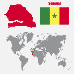 Poster - Senegal map on a world map with flag and map pointer. Vector illustration