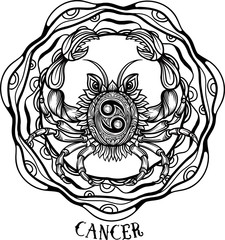 Wall Mural - Hand drawn line art of zodiac cancer. Vector