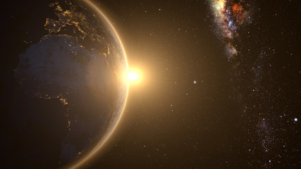 Wall Mural - planet earth with a spectacular sunrise with milkyway in the background. 3d render.