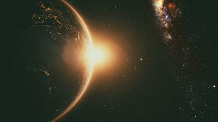 Wall Mural - planet earth with a spectacular sunrise with milkyway in the background. 3d render.