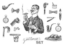 Victorian Era Set, Gentleman's Vintage Accessories Doodle Collection. Elegant Gentleman Holding Glass Of Beverage And Cigar. Hand Drawn Men Illustrations
