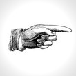 Pointing hand. Vector of hand with pointing finger, vintage gravure style