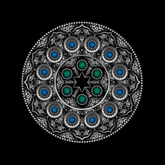 Canvas Print - silver 3d round ornament pattern with blue and green gemstones