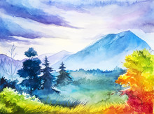 Autumn Landscape. Watercolor Illustration.