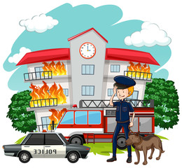 Wall Mural - Policeman and dog at fire scene