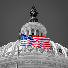 American flag waving in front of the Capitol in Washington D.C.