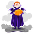 the boy vampire with wings,holding a pumpkin in hands, smiling pumpkin glowing, Vector design for app user interface,vector illustration