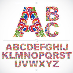 Floral alphabet sans serif letters drawn using abstract vintage