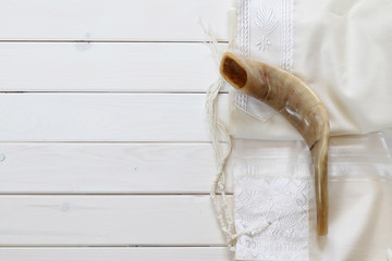 Prayer Shawl - Tallit and Shofar (horn) jewish religious symbol.