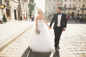 Wall Mural - Luxury married wedding couple, bride and groom posing in old city