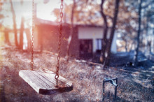 Children Swing In The Park (vintage Tone) With Sunflare And Copyspace