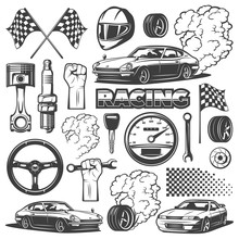Car Racing Black Isolated Monochrome Icon Set With Objects And Attributes Of Automobile, Vector Illustration. Racing Helmet, Piston, Spark Plug, Wheel, Flag.