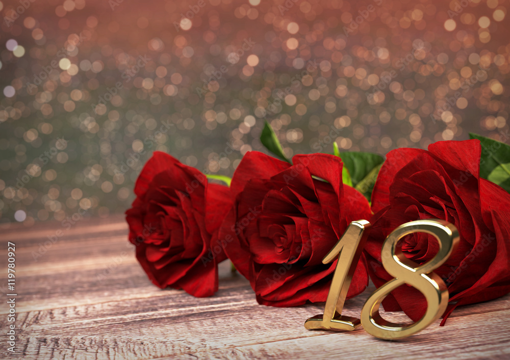 18th Roses Design birthday concept with red roses on wooden desk. eighteenth. 18th. 3D ...