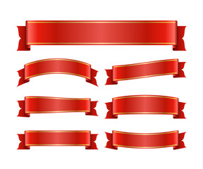 Wall Mural - Red ribbons set. Satin blank banners collection. Design label scroll blanks element, isolated on white background. Empty template for greeting or advertising. Symbols decoration. Vector illustration.