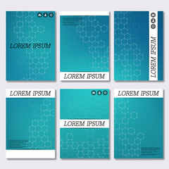 Wall Mural - Set of business templates for brochure, flyer, cover magazine in A4 size. Structure molecule DNA and neurons. Geometric abstract background. Medicine, science, technology. Vector illustration.