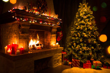 Christmas Interior With Tree, Presents And Fireplace