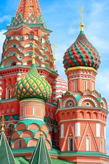 Fototapete - The most famous architectural place for visiting and attraction in Moscow, Russia, Saint Basil's cathedral with colorful cupolas and spectacular domes in traditional culture on cloudy blue sky