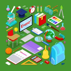Poster - Back to School Educational Concept. Isometric Education Elements with Computer and Science Objects. Vector illustration