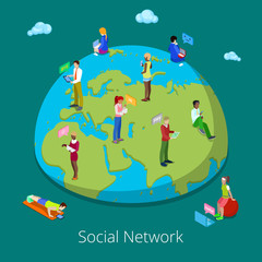 Poster - Isometric Global People Communication Concept. People Chatting Through Electronic Devices. Vector illustration