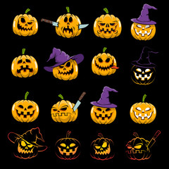 Wall Mural - Colored cartoon pumpkin for Halloween with various emotions on a black background. Vector illustration.