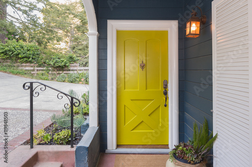 Fotografie, Obraz Yellow Green Entry Door / Front Door with single cylinder entran