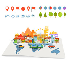 Poster - Earth maps map and different buildings and transport. Transporta