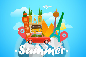 Fototapete - Dirrefent world famous sights. Modern cityscape Vector travel il